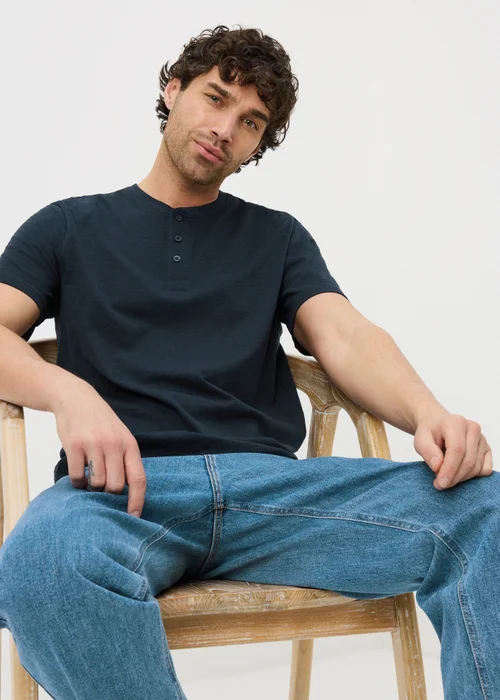 Navy Grandad Collar T-Shirt - S Image 3