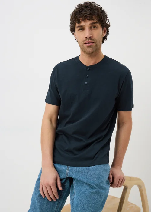 Navy Grandad Collar T-Shirt - S Image 1