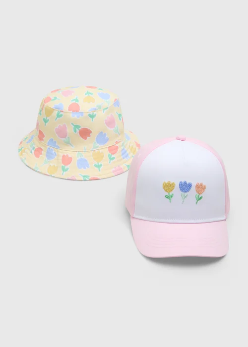 2 Pack Girls Multicolour Floral Hats (3-10yrs) - Age 7-10 Years Image 1