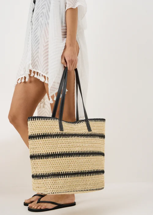 Monochrome Stripe Straw Shopper Bag - One Size Image 2