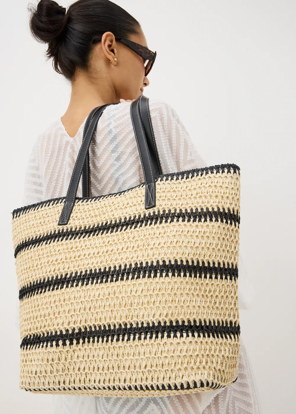Monochrome Stripe Straw Shopper Bag - One Size Image 1