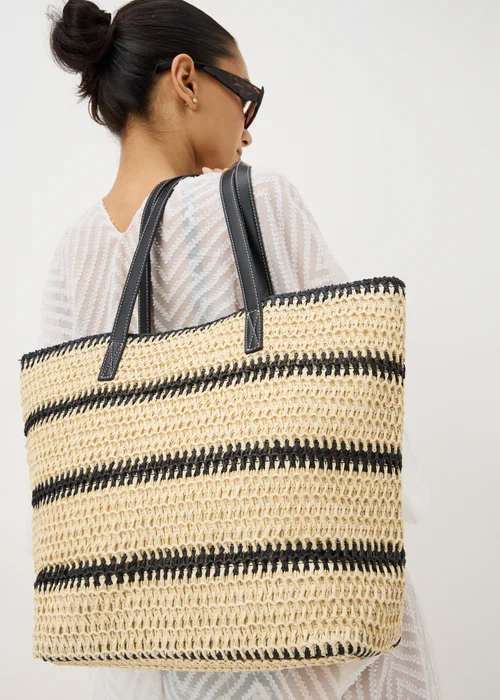 Monochrome Stripe Straw Shopper Bag - One Size Image 1