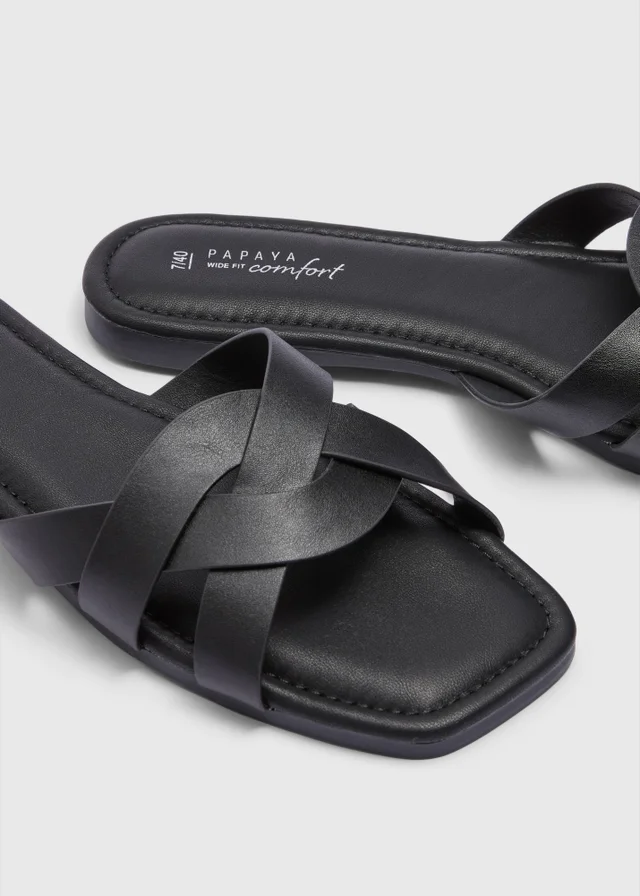 Black Wide Fit Weave Strap Mule Sandals