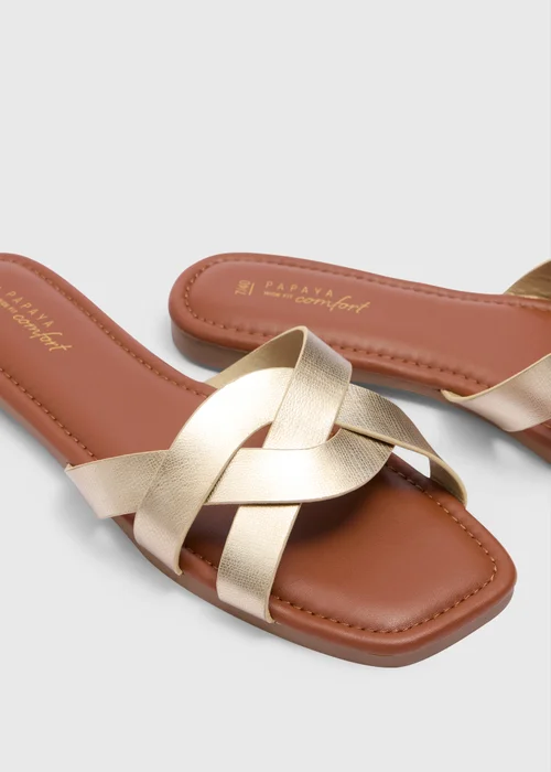 Gold Wide Fit Weave Strap Mule Sandals - Size 3 Image 2