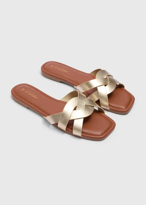 Gold Wide Fit Weave Strap Mule Sandals - Size 3 Image 1