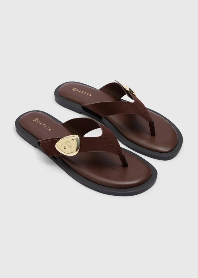 Chocolate Brown Gold Trim Toe Post Sandals