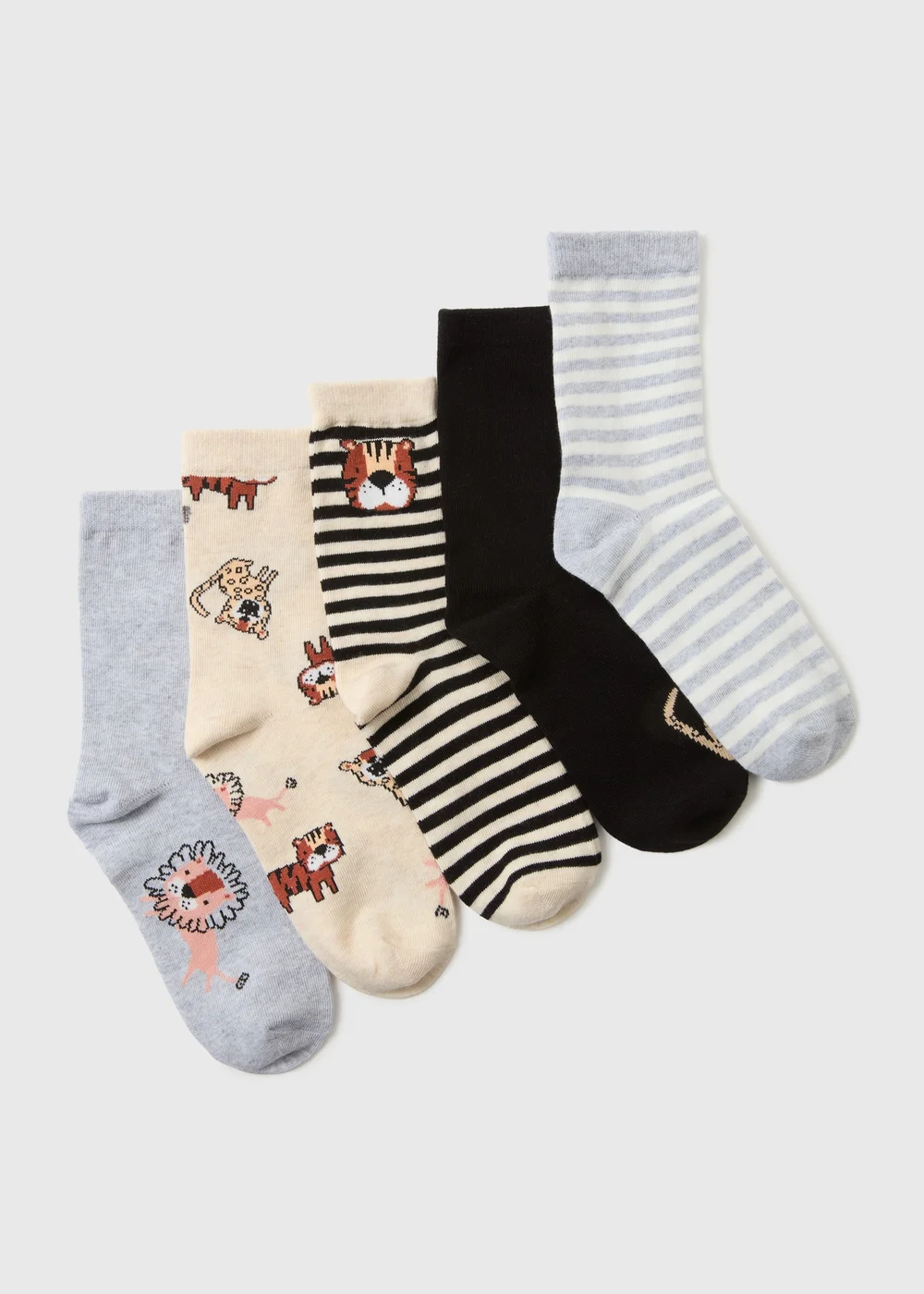 5 Pack Boys Grey Jungle Socks (Younger 6/8.5- Older 4/6.5) - 4-6.5 Image 1