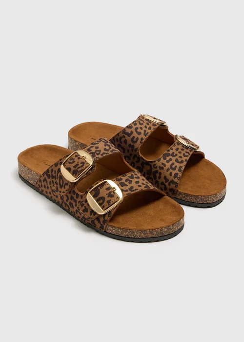 Brown Leopard Double Strap Buckle Sandals - 3 Image 1