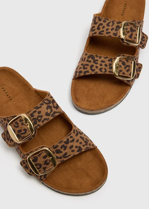 Brown Leopard Double Strap Buckle Sandals - 3 Image 2