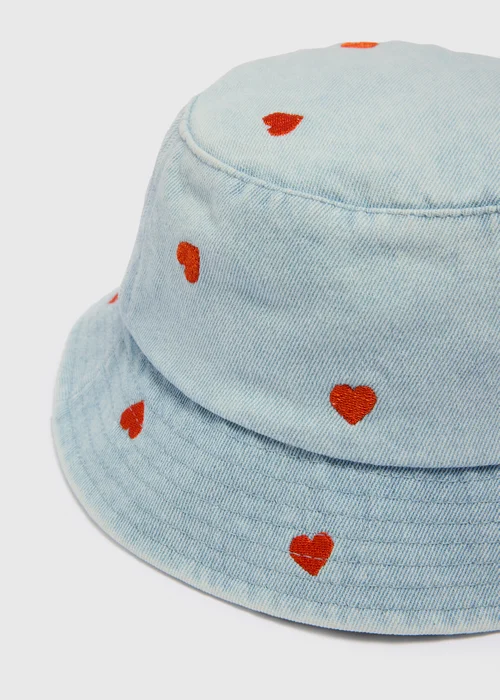 Girls Light Wash Heart Denim Bucket Hat (3-10yrs) - Age 3 - 6 Years Image 2