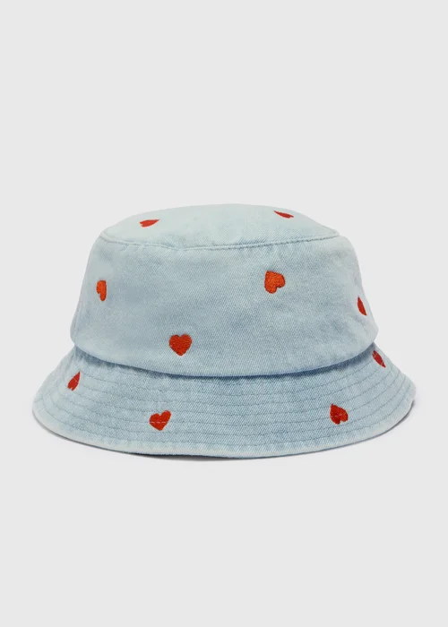 Girls Light Wash Heart Denim Bucket Hat (3-10yrs) - Age 3 - 6 Years Image 1