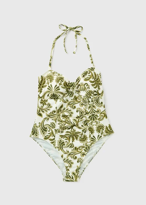 Khaki Printed Halter Neck Bandeau Swimsuit - 8 Image 2