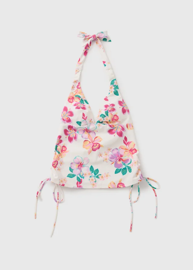 White Tropical Floral Shapewear Tankini Top