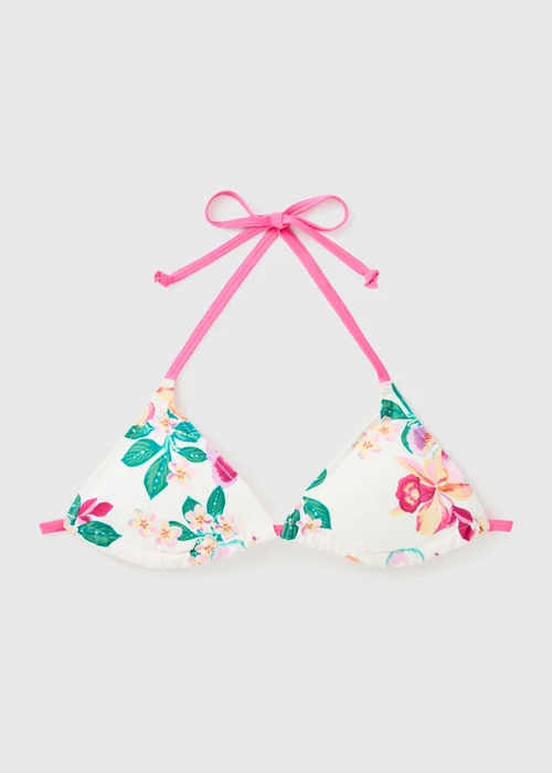 White Floral Contrast Trim Triangle Bikini Top - 6 Image 3