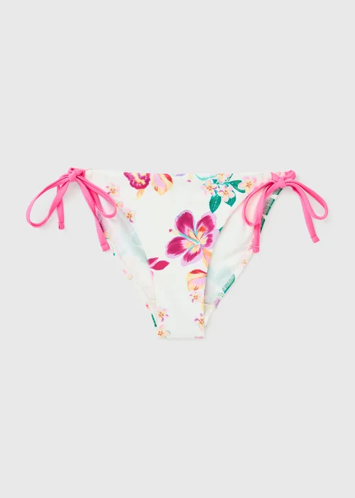 White Tropical Floral Tie Side Bikini Bottoms - 20 Image 2