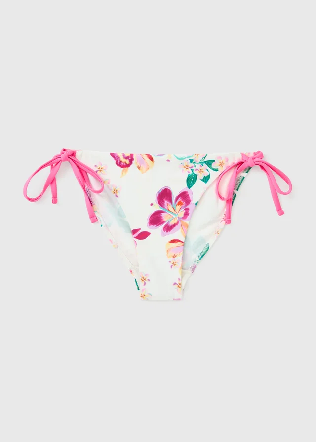 White Tropical Floral Tie Side Bikini Bottoms