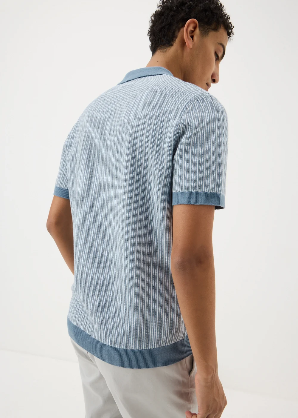 Blue Textured Knitted Polo Shirt - M Image 2