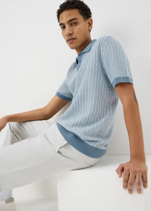 Blue Textured Knitted Polo Shirt - M Image 1