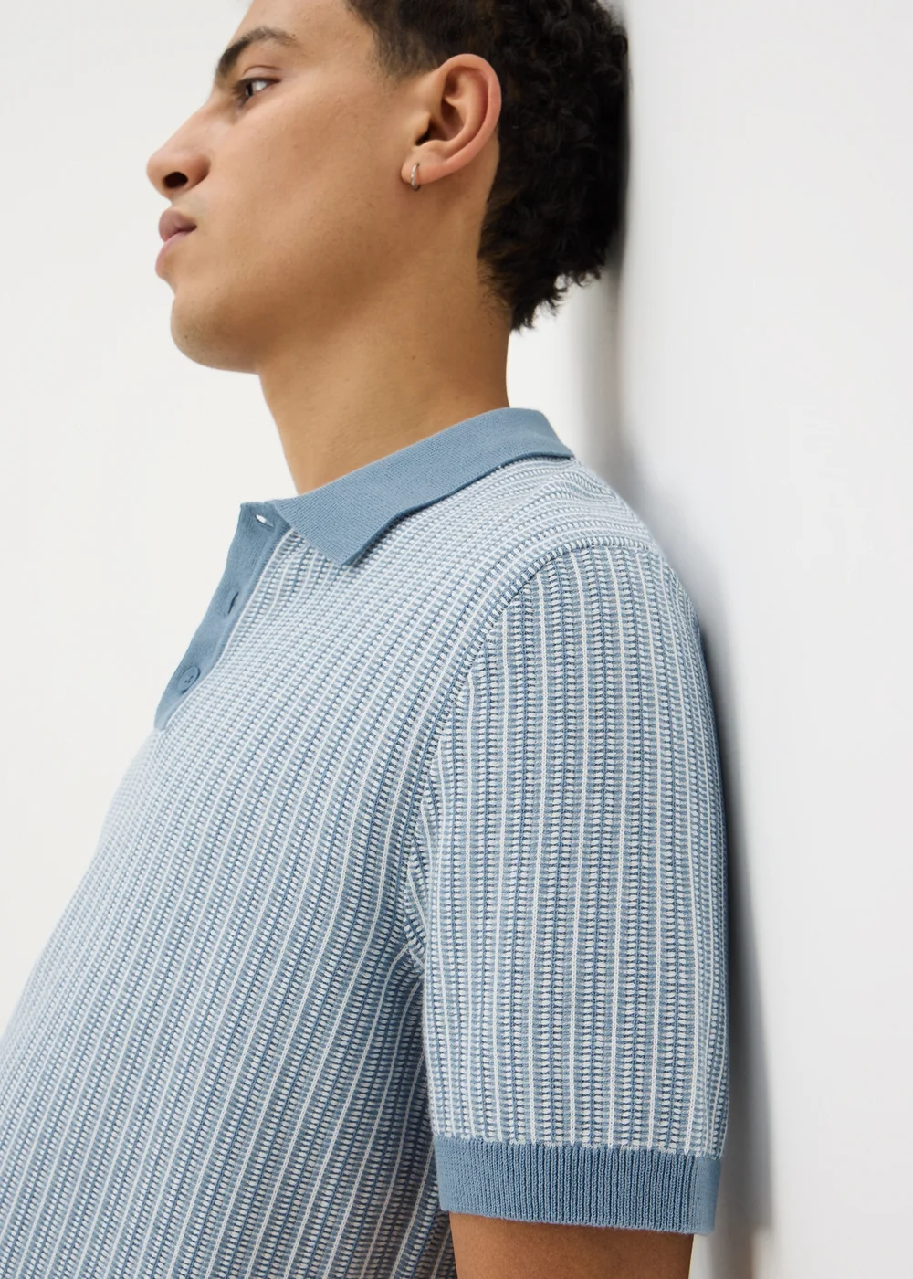 Blue Textured Knitted Polo Shirt - M Image 3
