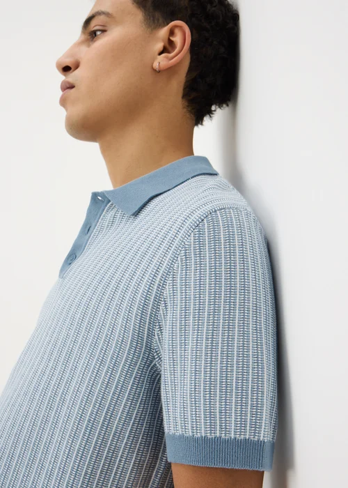Blue Textured Knitted Polo Shirt - M Image 3