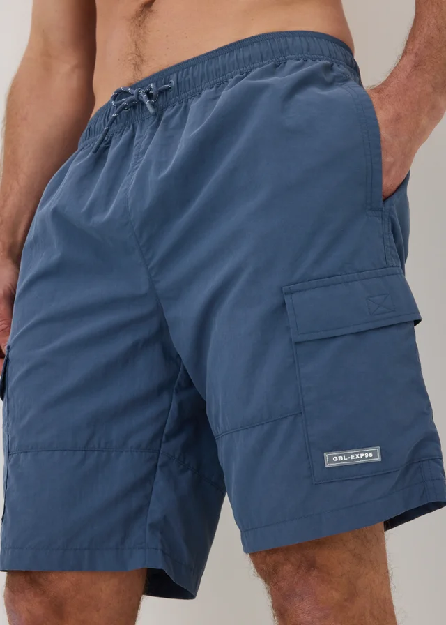 Navy Long Length Cargo Swim Shorts