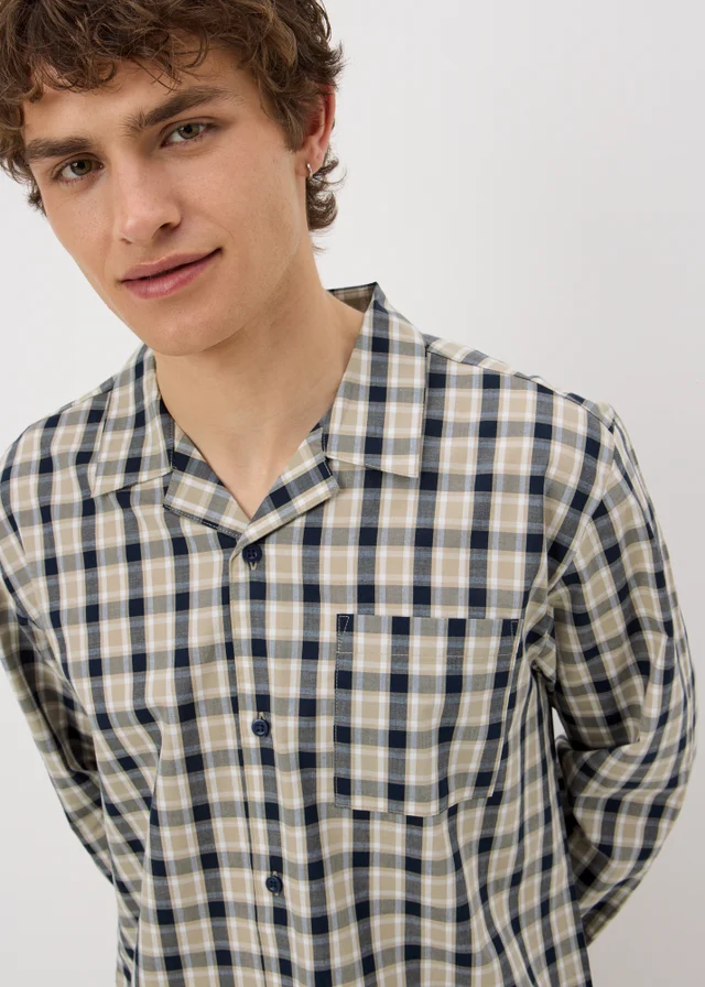 Beige Woven Check Button Up Pyjama Set