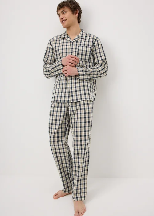 Beige Woven Check Button Up Pyjama Set - S Image 1