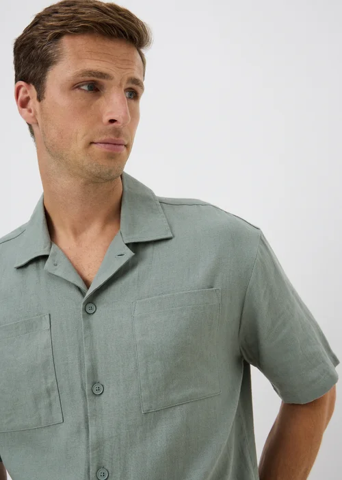 Sage Green Linen Blend Short Sleeve Co Ord Shirt - S Image 3