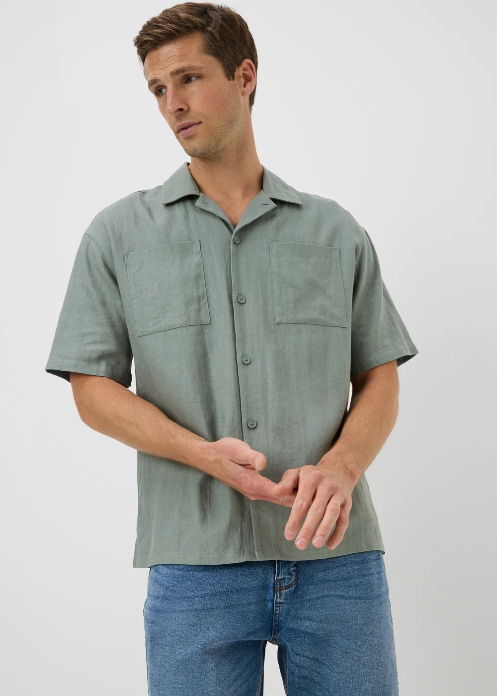 Sage Green Linen Blend Short Sleeve Co Ord Shirt - S Image 2