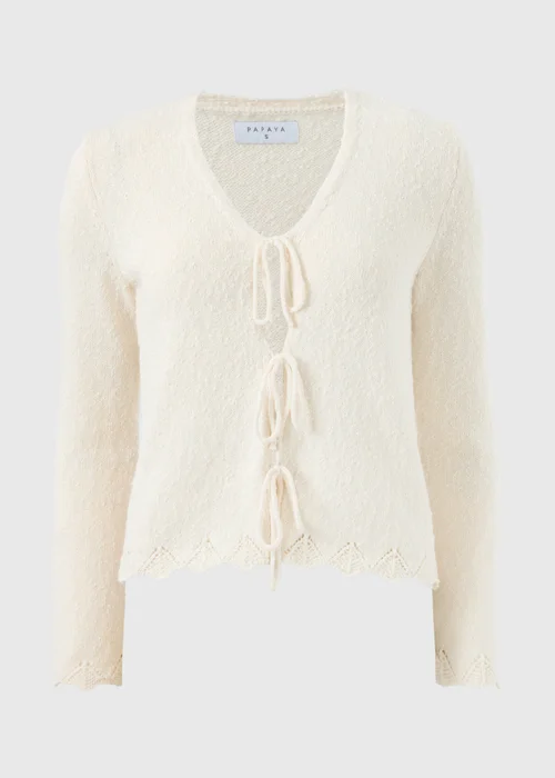 Cream Textured Tie Front Cardigan - L Image 4