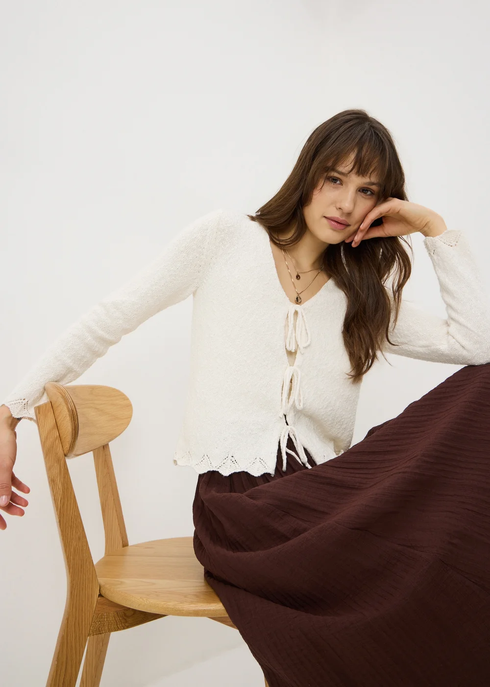 Cream Textured Tie Front Cardigan - L Image 3