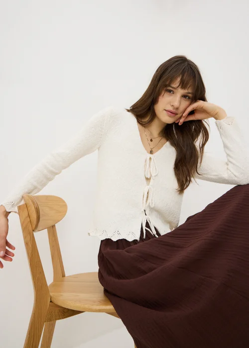 Cream Textured Tie Front Cardigan - L Image 3