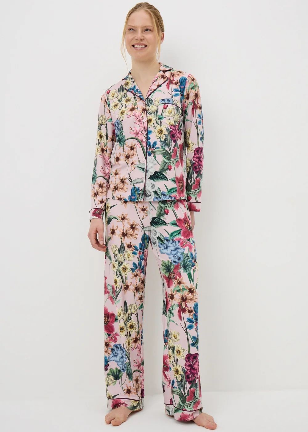 Pink Floral Button Up Pyjama Set - Medium Image 1