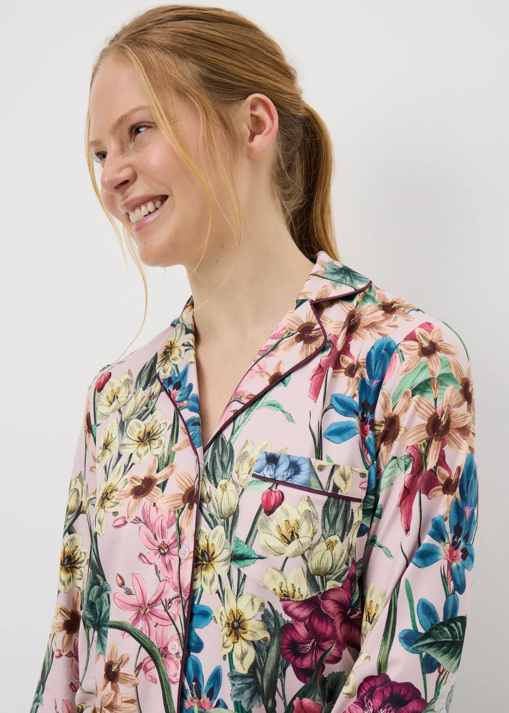 Pink Floral Button Up Pyjama Set - Medium Image 2