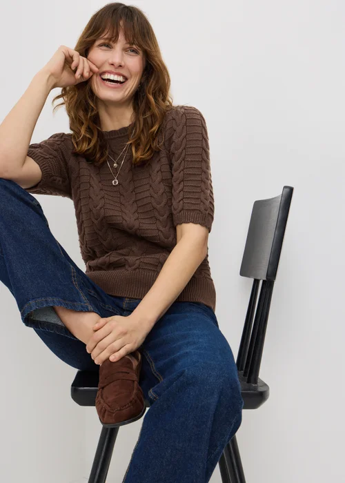 Chocolate Brown Short Sleeve Cable Jumper - XS Image 1