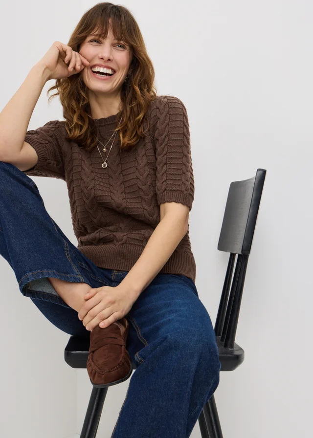 Chocolate Brown Short Sleeve Cable Jumper