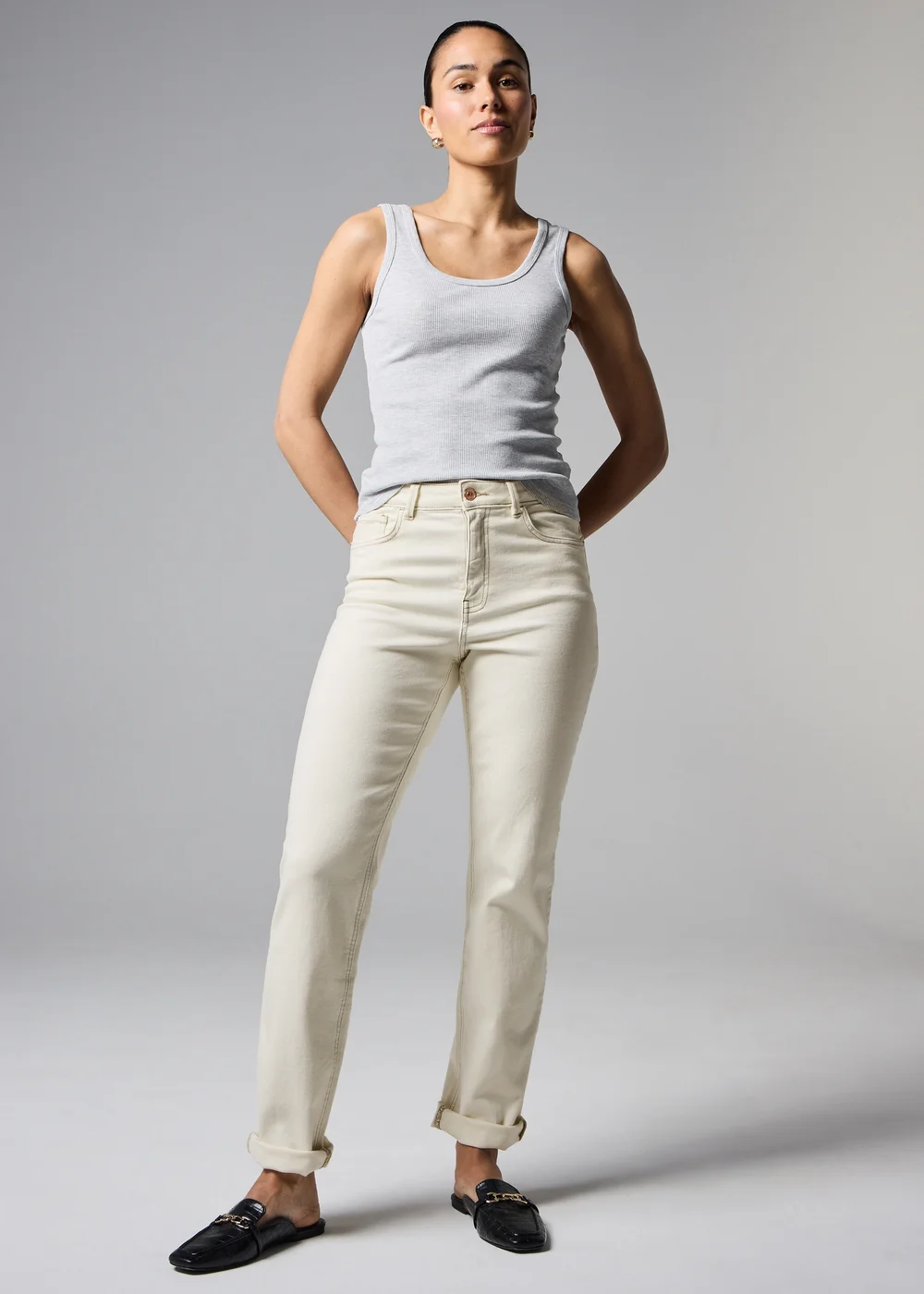 Ecru Stretch Mid Rise Straight Leg Jeans - 20/L29 Image 1