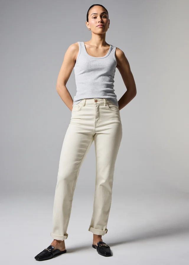 Ecru Stretch Mid Rise Straight Leg Jeans