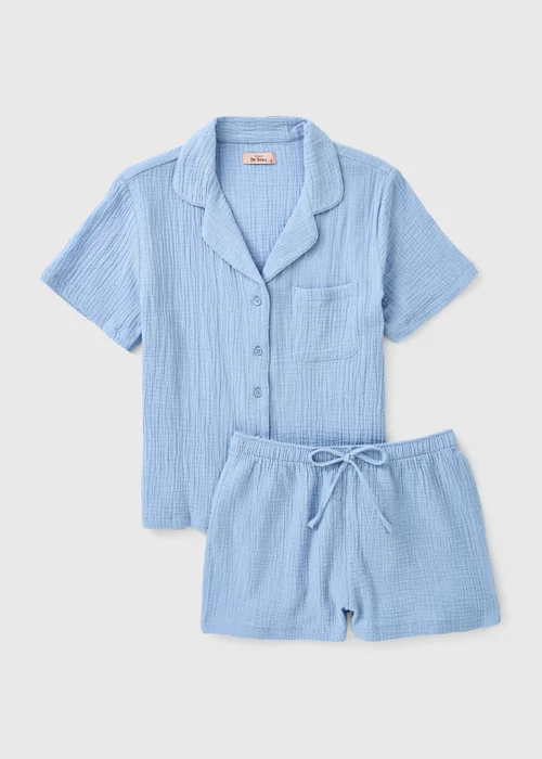 Blue Double Cloth Button Up Short Pyjama Set - Size 8 Image 3
