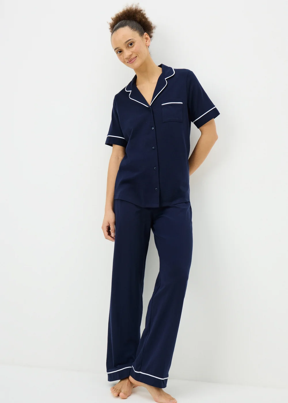 Navy Short Sleeve Traditional Button Up Pyjama Set - XS Image 1