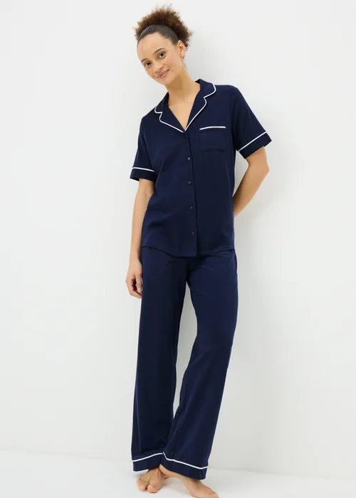 Navy Short Sleeve Traditional Button Up Pyjama Set - XS Image 1