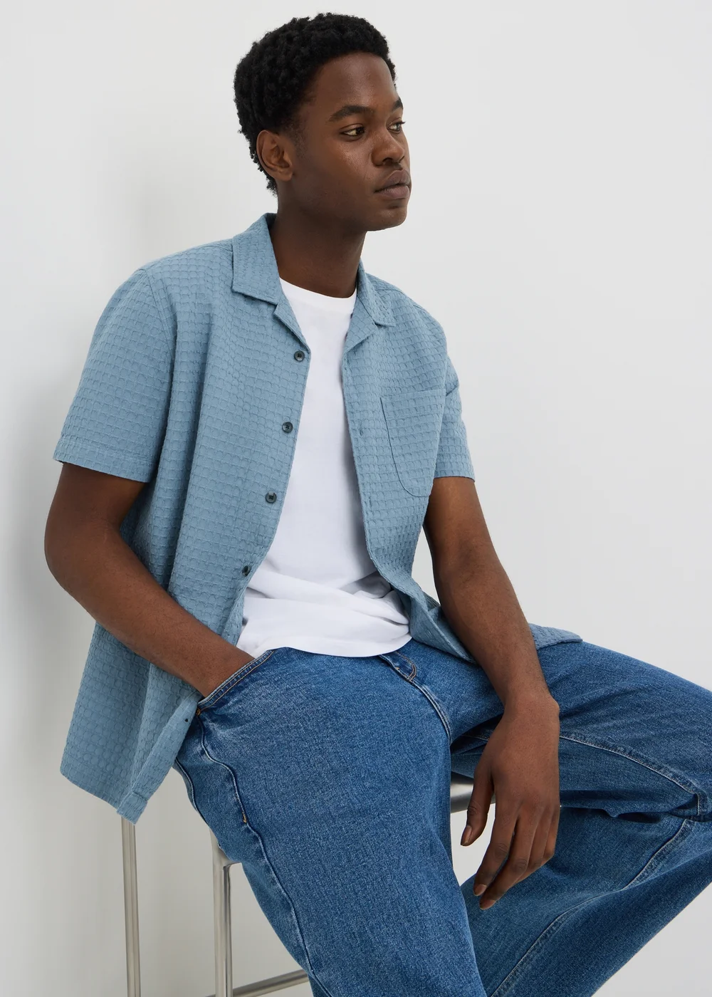 Blue Textured Revere Short Sleeve Shirt - S Image 1