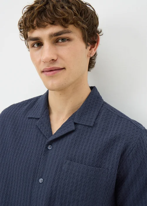 Navy Textured Short Sleeve Shirt - S Image 2