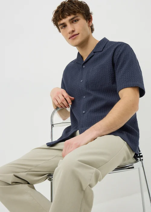 Navy Textured Short Sleeve Shirt - S Image 1