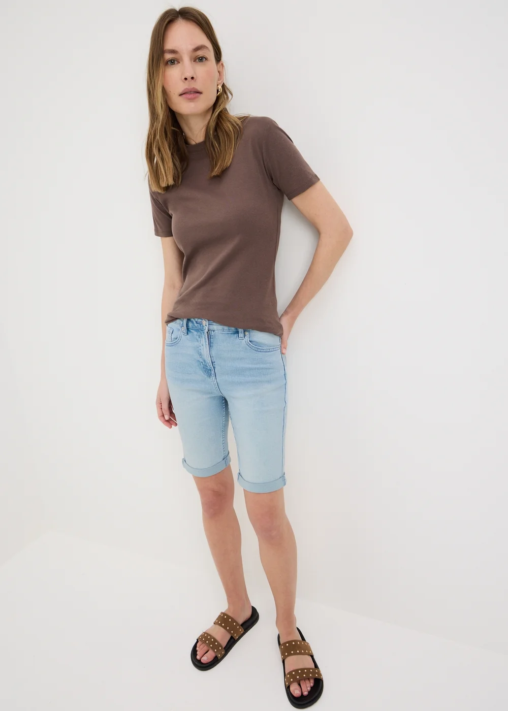 Light Wash Stretch Knee Length Denim Shorts - 20 Image 1