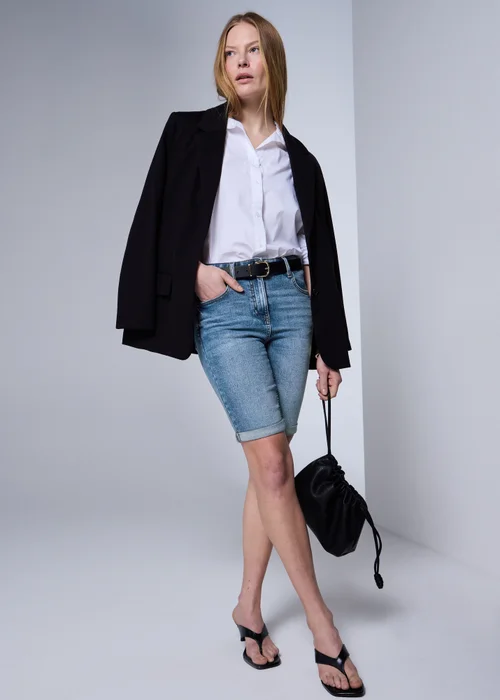 Mid Wash Stretch Knee Length Denim Shorts - 8 Image 2