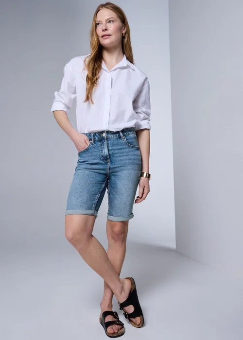 Mid Wash Stretch Knee Length Denim Shorts - 8 Image 1