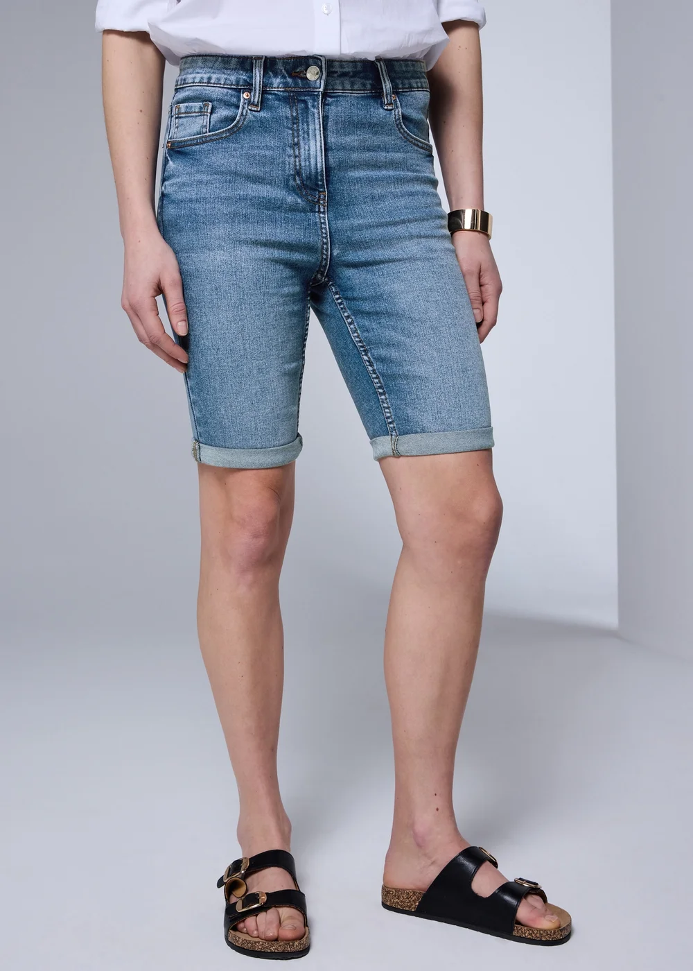 Mid Wash Stretch Knee Length Denim Shorts - 8 Image 3