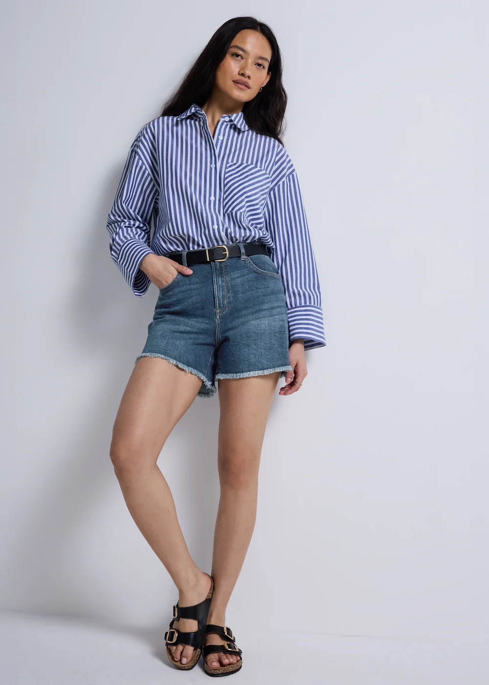 Blue Dark Wash Stretch Frayed Hem Denim Shorts - 22 Image 1