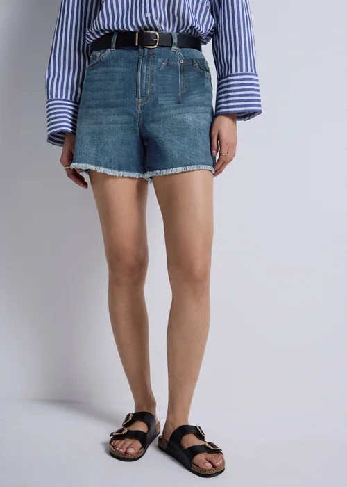 Blue Dark Wash Stretch Frayed Hem Denim Shorts - 22 Image 3